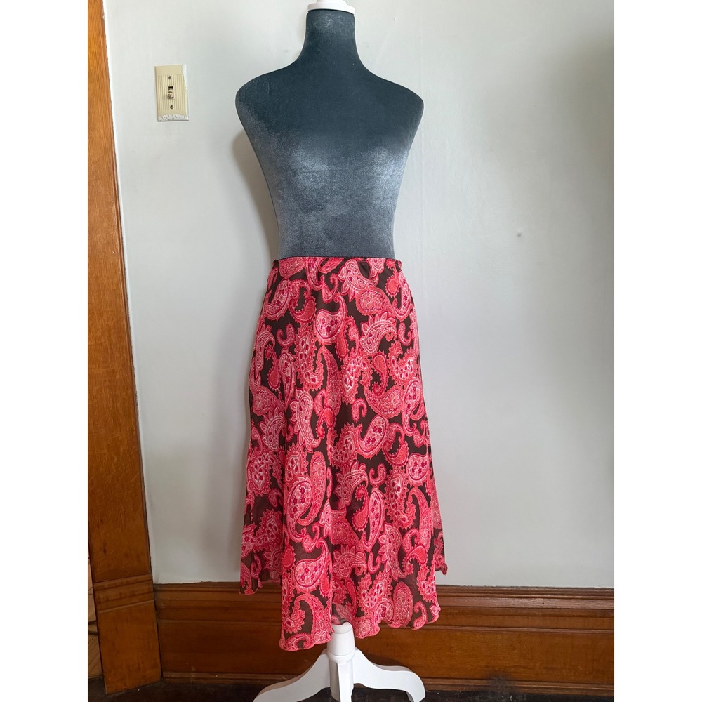 Pink Red Paisley Chiffon Midi Skirt fairy Cottagecore vintage Y2K ruffle boho S